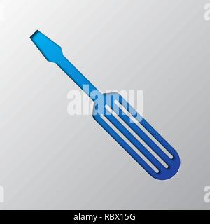 Paper art of the blue screwdriver isolated. Vector illustration. Screwdriver icon is cut from paper. Stock Vector