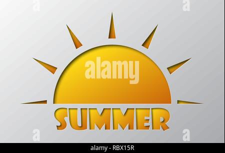 Paper art of the summer sun with lettering, isolated. Vector illustration. Summer sun banner is cut from paper. Stock Vector