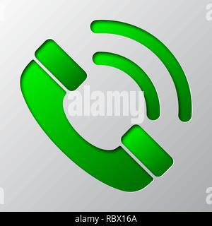 Paper art of green phone icon, isolated. Vector illustration. Phone handset icon is cut from paper. Stock Vector