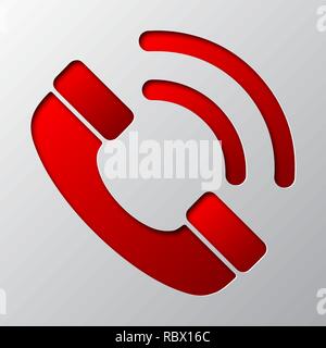 Paper art of red phone icon, isolated. Vector illustration. Phone handset icon is cut from paper. Stock Vector