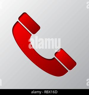 Paper art of red phone icon, isolated. Vector illustration. Phone handset icon is cut from paper. Stock Vector