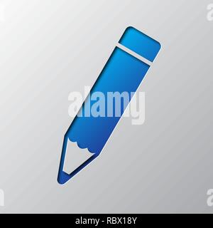 Paper art of the blue pencil symbol isolated. Vector illustration. Pencil icon is cut from paper. Stock Vector