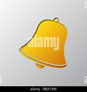 Paper art of the yellow bell symbol isolated. Vector illustration. Bell icon is cut from paper. Stock Vector