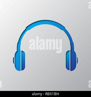 Paper art of the blue headphones isolated. Vector illustration. Headphones icon is cut from paper. Stock Vector