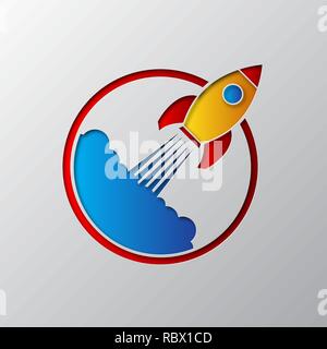 The space rocket icon carved from paper. Vector illustration. Paper art of the colored space rocket, isolated. Stock Vector