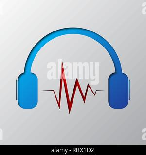 Paper art of the blue headphones isolated. Vector illustration. Headphones icon is cut from paper. Stock Vector