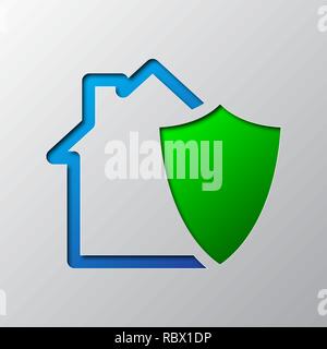 Paper art of the house and shield isolated. Vector illustration. House icon and shield is cut from paper. Stock Vector