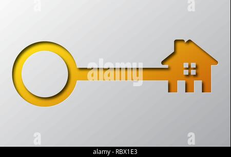 Paper art of the yellow house with key, isolated. Vector illustration. Key with building icon is cut from paper. Stock Vector