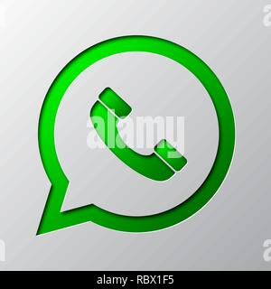 Paper art of green phone icon, isolated. Vector illustration. Phone handset icon is cut from paper. Stock Vector