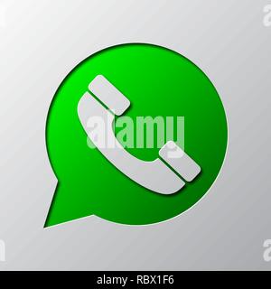 Paper art of green phone icon, isolated. Vector illustration. Phone handset icon is cut from paper. Stock Vector