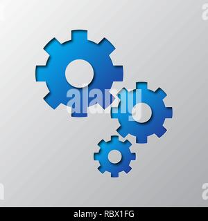 Paper art of the blue cogwheels, isolated. Vector illustration. Setting symbol is cut from paper. Stock Vector