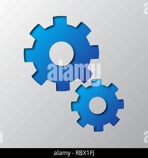 Paper art of the blue cogwheels, isolated. Vector illustration. Setting symbol is cut from paper. Stock Vector