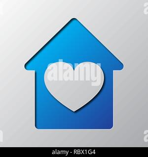 Paper art of the blue house with heart symbol isolated. Vector illustration. House icon is cut from paper. Stock Vector