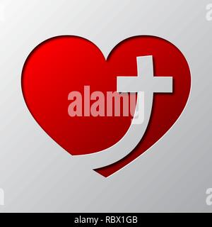 Paper art of the red heart with christian cross, isolated. Vector illustration. Christian symbol of the love is cut from paper. Stock Vector