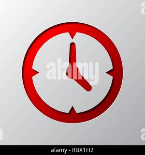 Bright red clock out of paper. Vector illustration. Clock is cut from paper. Clock icon with shadow. Stock Vector