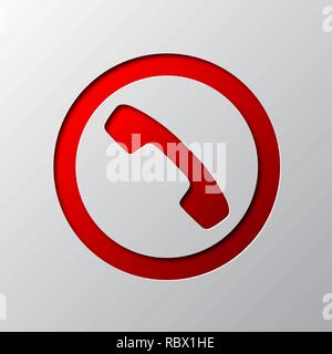 Paper art of red phone icon, isolated. Vector illustration. Phone handset icon is cut from paper. Stock Vector