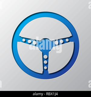 Paper art of the blue steering wheel isolated. Vector illustration. Steering wheel icon is cut from paper. Stock Vector