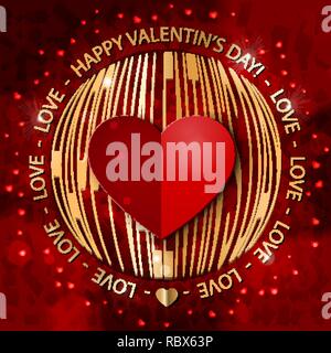 Valentin's Day greeting card in red and gold. Rich decorated card with paper red heart, gold text and sunlights. Vector illustration. Stock Vector