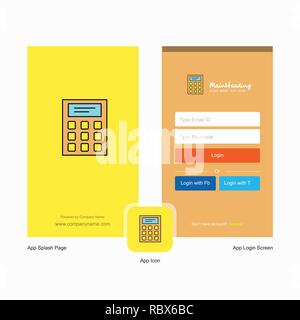 Company Calculator Splash Screen and Login Page design with Logo template. Mobile Online Business Template Stock Vector