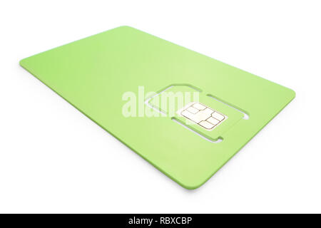 New green phone sim card isolated on white background. Angle view, selective focus, clipping path included Stock Photo