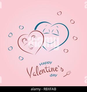 Couple in love concept, two cute hearts hugging. Hand drawn male and female hearts with little hearts around. Valentine's Day Vector Greeting Card Stock Vector
