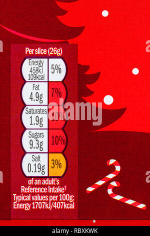 GDA nutritional information, reference intake RI, traffic lights system on packet of Mr Kipling 8 raspberry & vanilla candy cane slices Stock Photo