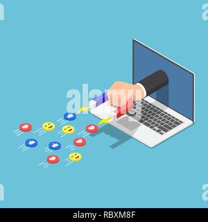 Flat 3d isometric Hand holding a magnet appeared from laptop monitor and attracting social media icons. Digital marketing and social media concept. Stock Vector