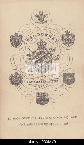 Victorian Advertising CDV (Carte De Visite) Showing The Illustration and Calligraphy From W & D.Downey Photographer To Her Majesty, 9 Eldon Square, Newcastle-On-Tyne. London Studio, 61 Ebury Street, Eaton Square. Stock Photo