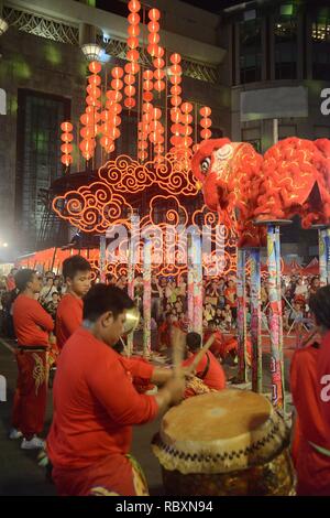 The man hitting drum  in Chinese New year celebration in Thailand. Stock Photo