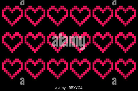 Black background with repeating pixel-like hearts, patchwork or cross stitch pattern, seamless motif or graphic resource as abstract background Stock Photo