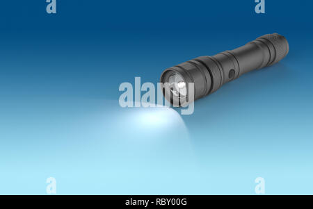 Flashlight and beam of light on a blue background. 3d rendering Stock Photo