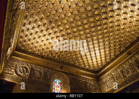 Segovia, Spain - April 26, 2008: The ceiling of the Sala de las Pinas, decorated with 392 figures of handmade cones. Alcazar de Segovia, Spain Stock Photo