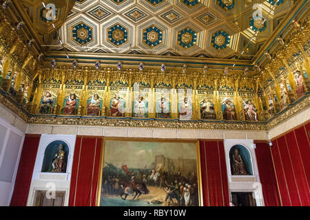 Segovia, Spain - April 26, 2008: The ceiling of the Royal Hall with the statues of the kings of Asturias, Leon and Castile. Alcazar de Segovia, Spain Stock Photo