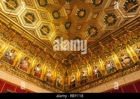 Segovia, Spain - April 26, 2008: The ceiling of the Royal Hall with the statues of the kings of Asturias, Leon and Castile. Alcazar de Segovia, Spain Stock Photo