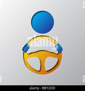 Schematic drawing of the driver behind the wheel. Vector illustration. Steering wheel icon is cut from the paper. Stock Vector