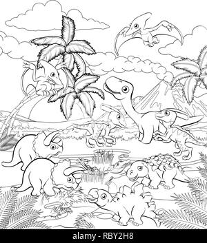 Dinosaur Cartoon Prehistoric Landscape Scene Stock Vector