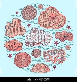 Colorful underwater corals concept in a line art Stock Vector