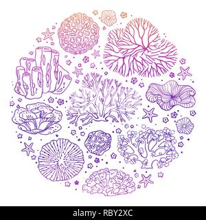 Circular pattern with many items from the ocean Stock Vector