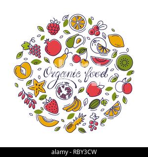 Circular illustration with fruit and text for shop, printing, website design. Stock Vector