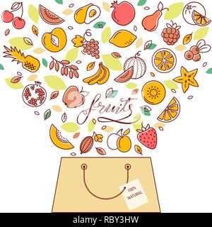Shopping basket with fruit in vector. The illustration for the site, printing and design. Stock Vector