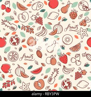 Seamless pattern of various vector fruits. Background with color illustrations of many fruits. Stock Vector