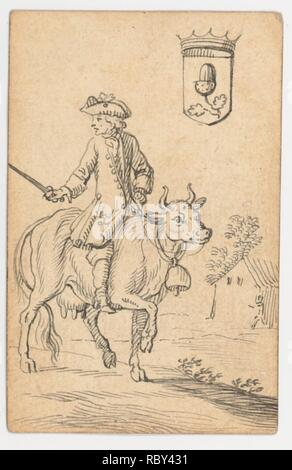 380408 Artist: Johannes Brandenberg, Swiss, Zug 1661?1729 Zug, Acorn King: A Man Astride a Cow, 1712 or later, Pen and black ink, sheet: 3 9/16 x 2 5/16 in. (9 x 5.9 cm). Stock Photo