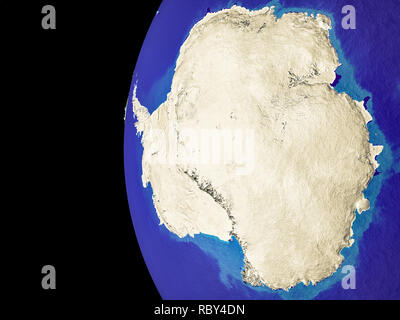 Satellite view of Antarctica from space with country borders. Very detailed planet surface and blue oceans. 3D illustration. Elements of this image fu Stock Photo