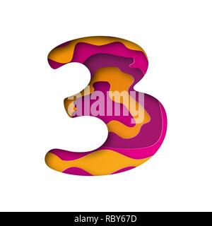 Modern paper art of the colored number Three. Vector illustration. Number Three is cut from paper isolated. Stock Vector