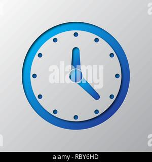 Bright blue clock out of paper. Vector illustration. Clock is cut from paper. Clock icon with shadow. Stock Vector