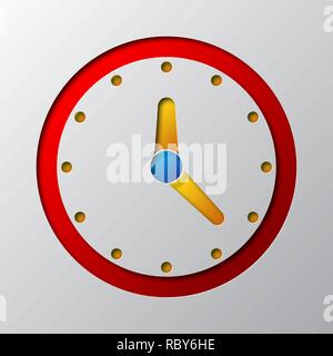 Bright colored clock out of paper. Vector illustration. Clock is cut from paper. Clock icon with shadow. Stock Vector
