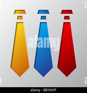 Set of neckties is cut from the paper. Vector illustration. Paper art of the three colored neckties, isolated. Stock Vector