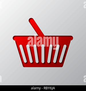 The shopping basket icon is cut from the paper. Vector illustration. Paper art of the red shopping basket icon, isolated. Stock Vector