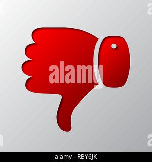 The thumb down is cut from the paper. Vector illustration. Paper art of the red dislike symbol, isolated. Stock Vector