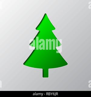 The fir tree is cut from the paper. Vector illustration. Paper art of the green christmas tree icon, isolated. Stock Vector